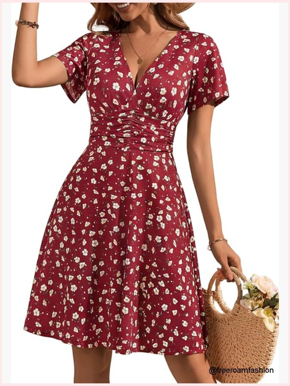 Deep V Neck Short Sleeve Midi Floral Sundress with Pockets Corset